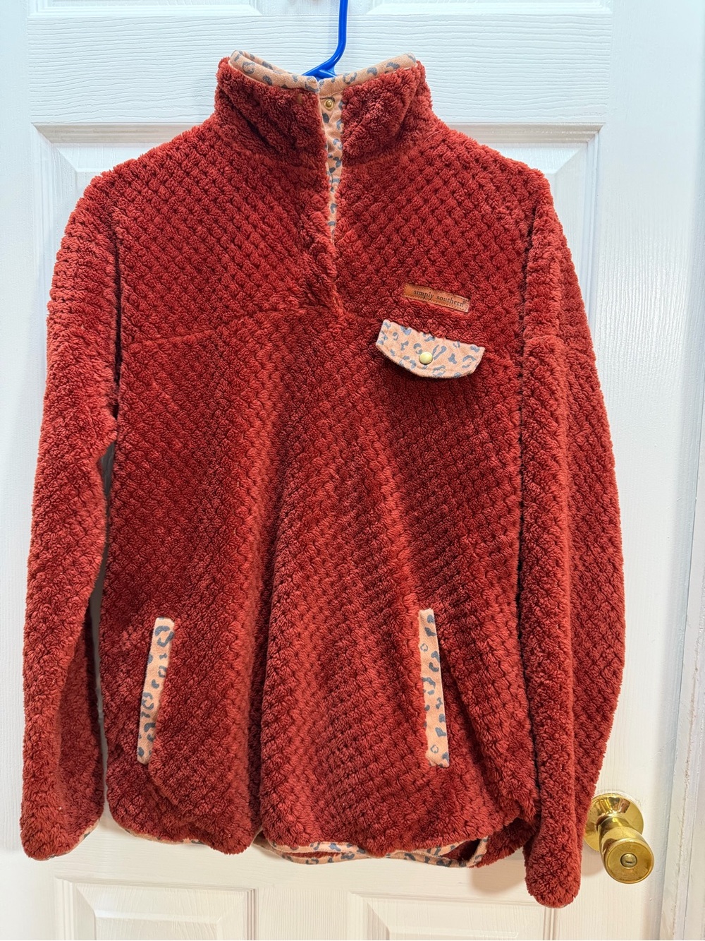 Simply Southern Rust Red Sherpa Jacket with Leopard Trim